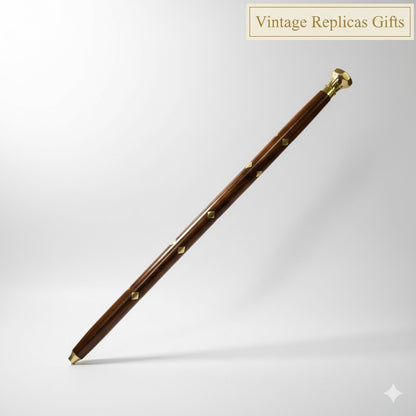 Handcrafted Rosewood Swagger Walking Stick with Brass Inlay Steampunk Gear Desig