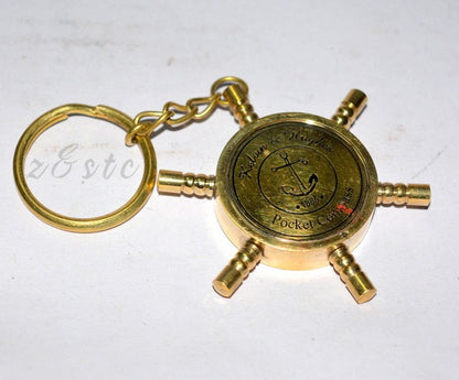 Decorative Brass Nautical Compass Key Chain – Ship Wheel Design Key Ring