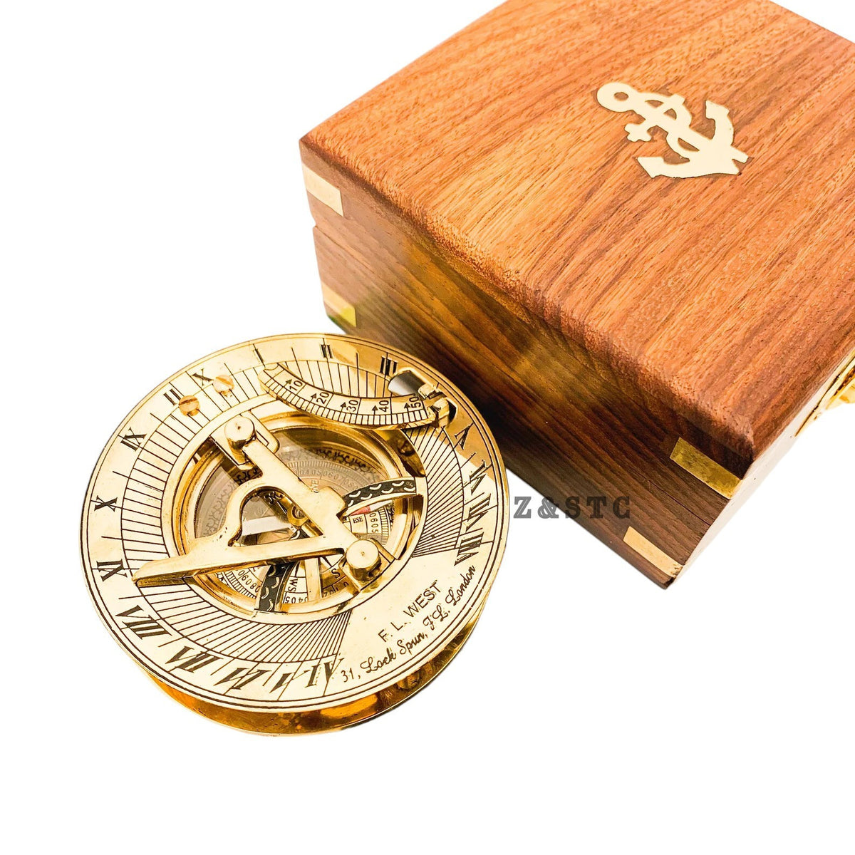 Vintage Brass Round Sundial compass 3" with Wooden box directional gift