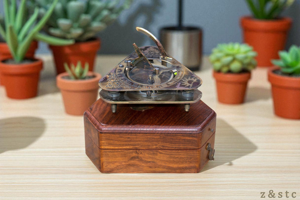 Gilbert & Sons Brass Sundial Compass – Vintage Triangular Design with Wooden Box