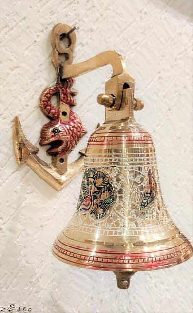 Vintage Brass Gate Entrance Bell Wall Mounted Anchor Design for Home' Temple etc