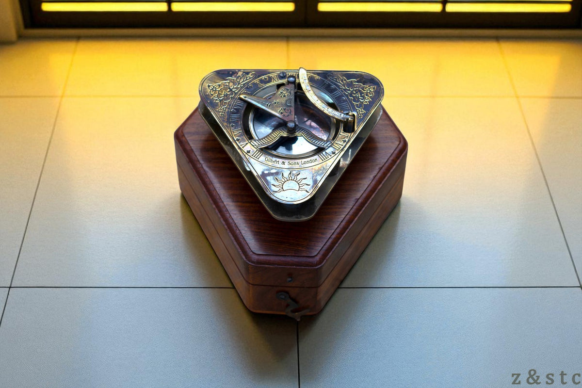 Gilbert & Sons Brass Sundial Compass – Vintage Triangular Design with Wooden Box