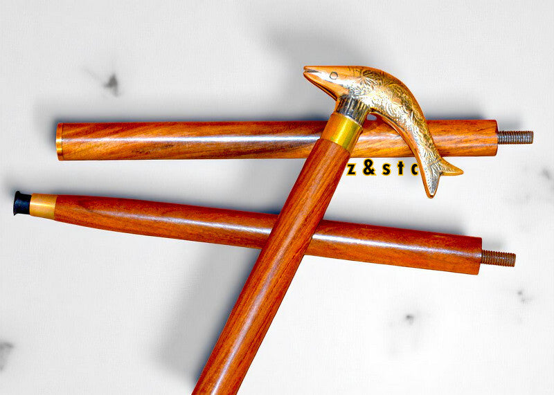 Unique Fish Head Walking Stick – Brass Handle & Wooden Cane – Foldable Design