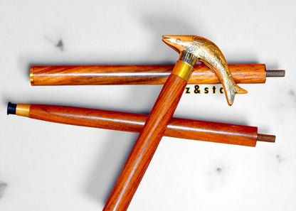 Unique Fish Head Walking Stick – Brass Handle & Wooden Cane – Foldable Design