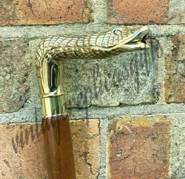 Snake Head Brass Handle Cane 3 Ft Wooden Walking Stick Vintage Nautical Gift