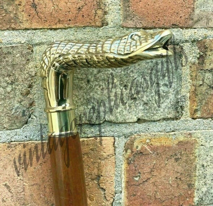 Snake Head Brass Handle Cane 3 Ft Wooden Walking Stick Vintage Nautical Gift