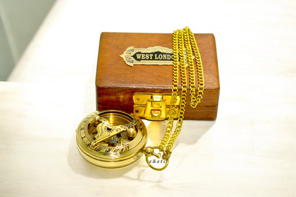 Vintage Brass Push Button Sundial Compass With Wooden Box