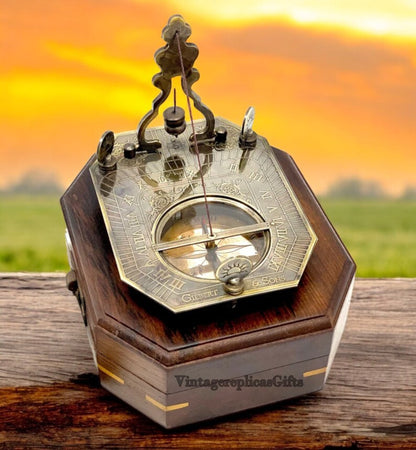 Antique Brass Pendulum Sundial Compass w/ Wooden Box Vintage Style Nautical Gift