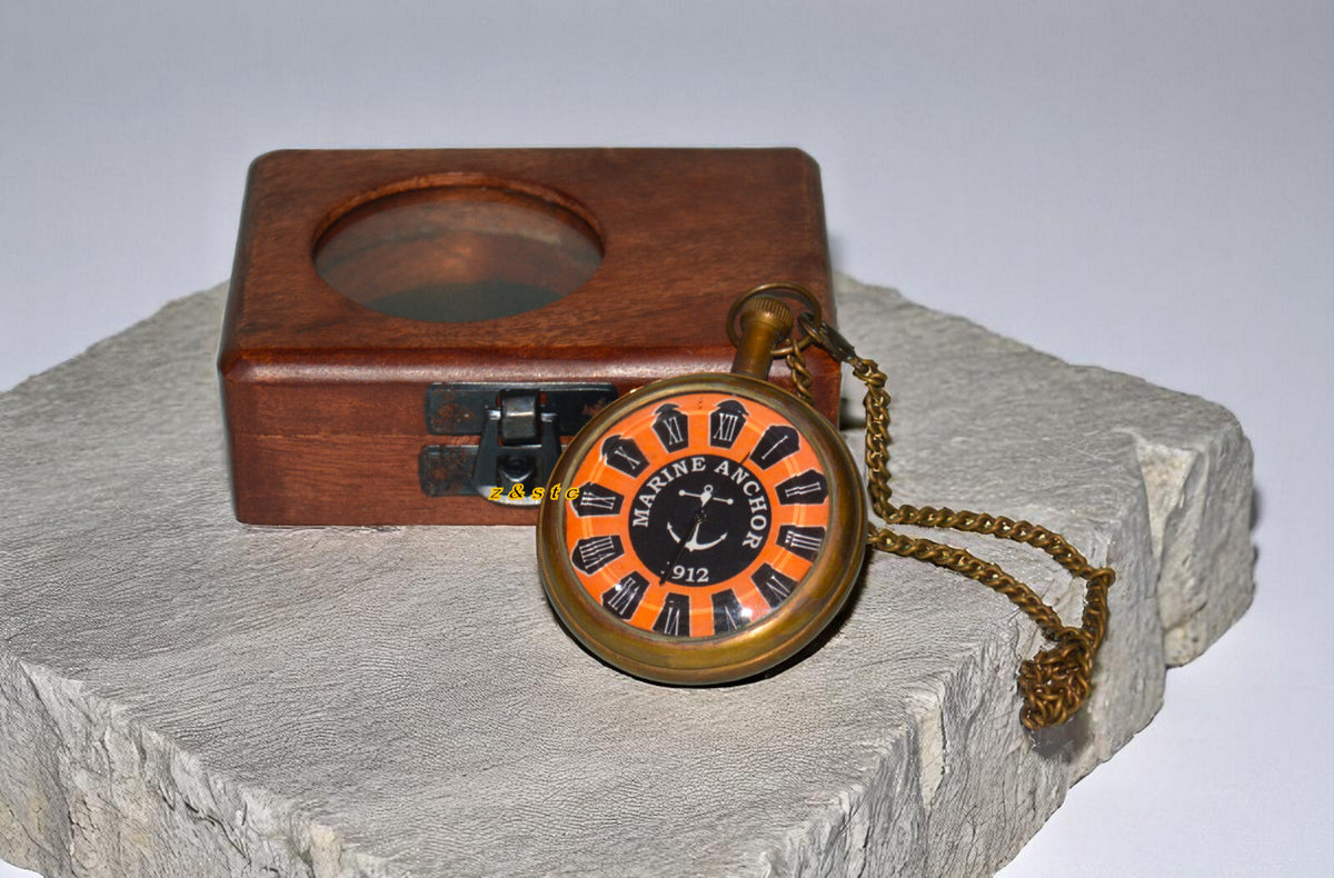 Antique style marine pocket watch – 1912 brass anchor design with box