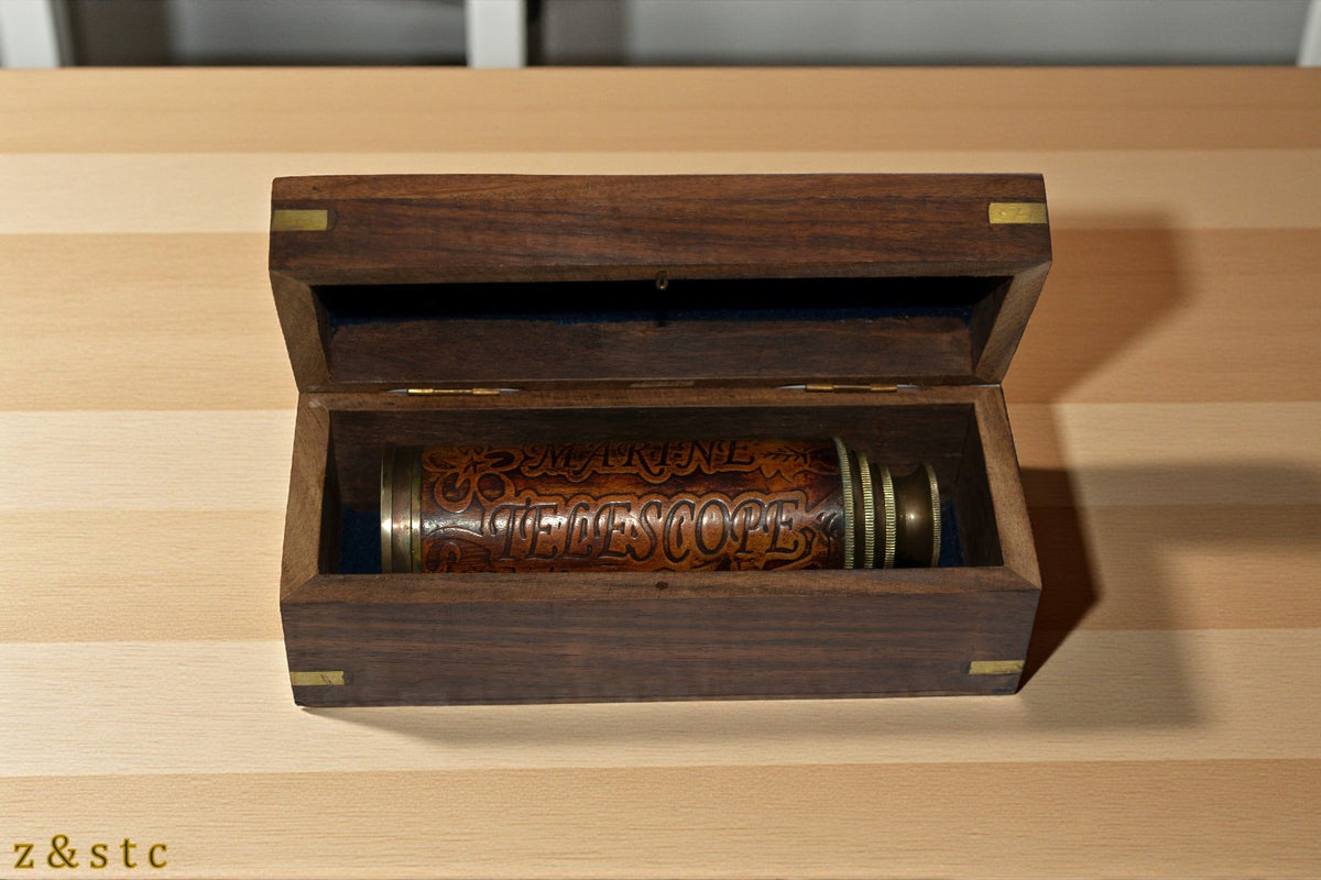 Nautical Brass Spyglass Telescope in Handcrafted Wooden Box – Maritime Decor