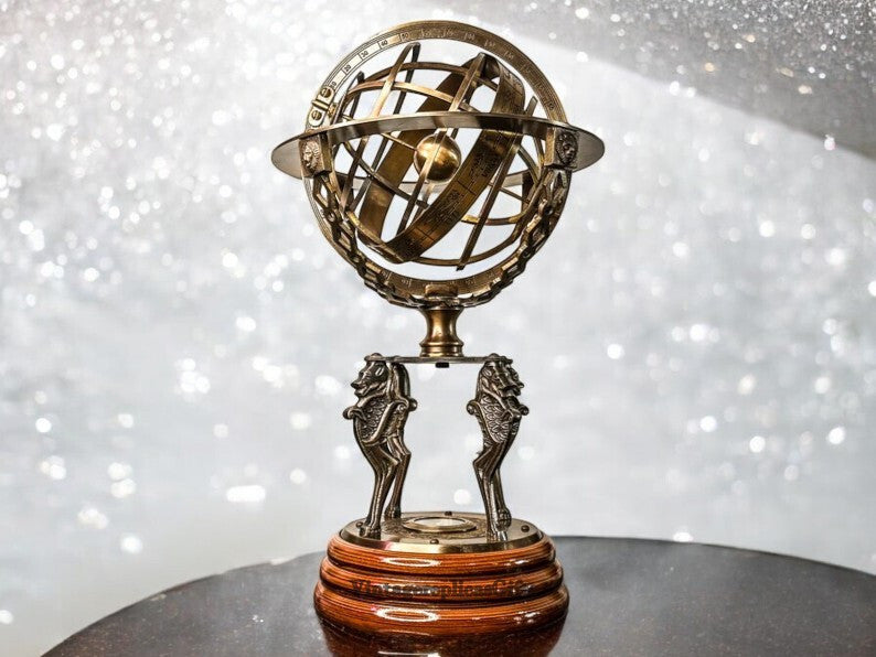 Vintage Brass 18'' Armillary Sphere Globe with Wooden Base Antique Style Gift