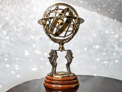 Vintage Brass 18'' Armillary Sphere Globe with Wooden Base Antique Style Gift