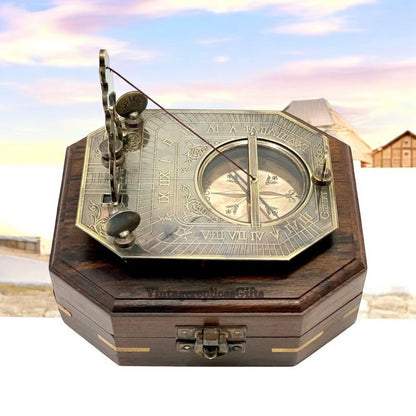 Antique Brass Pendulum Sundial Compass w/ Wooden Box Vintage Style Nautical Gift