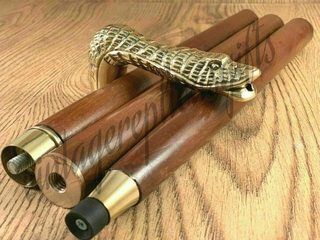 Snake Head Brass Handle Cane 3 Ft Wooden Walking Stick Vintage Nautical Gift