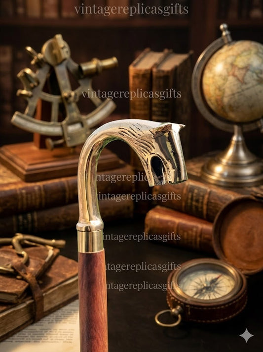 Wolf Head Brass Handle Walking Stick 37" Wooden Cane Handmade Antique Vin