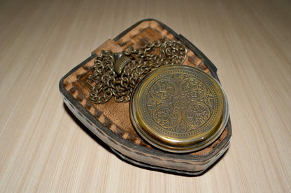 Vintage Brass Pocket Watch with Leather Case – Classic Collectible Timepiece