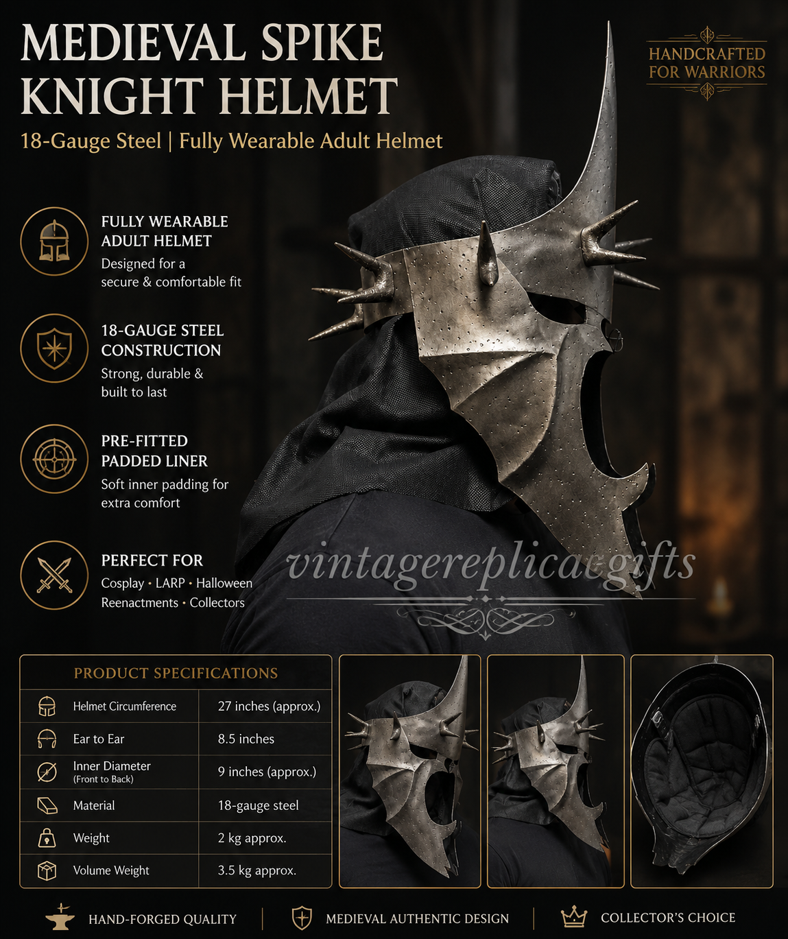Halloween Medieval Knight Helmet | Hand-Forged 18 Gauge Steel Wearable helmet