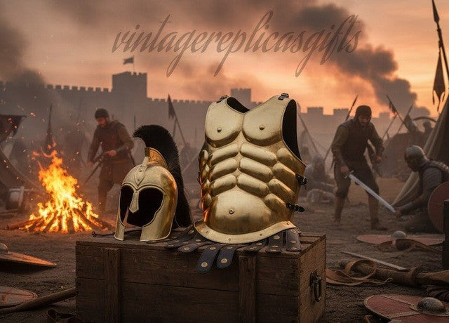 VintageReplicasGifts Black Medieval Troy Muscle Armor Cuirass & Helmet Set - 18G