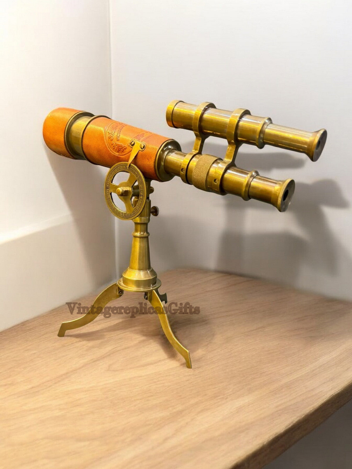 Brass & Leather Spyglass Double Barrel Telescope Tripod Home Office Decor Gift