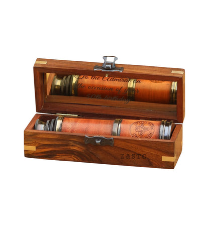 Vintage Brass And Leather 16" Telescope Spyglass Scope Maritime With Wooden Box