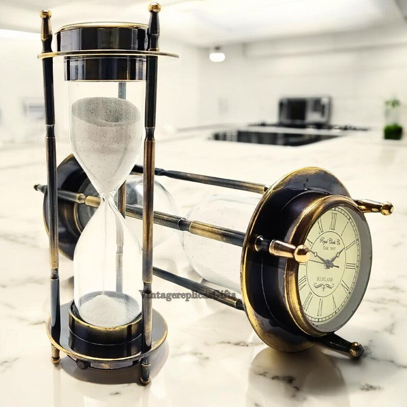 Antique Style Brass Hourglass Sand Timer with Elegant Clock & compass Home Decor