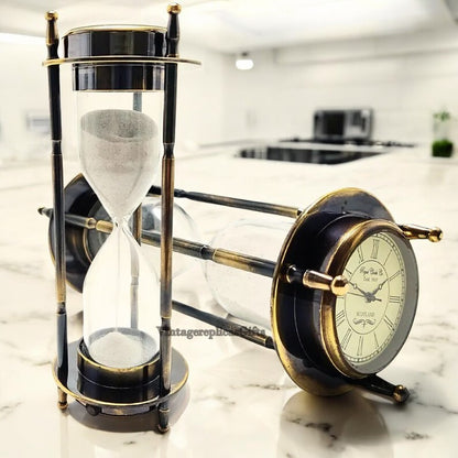Antique Style Brass Hourglass Sand Timer with Elegant Clock & compass Home Decor