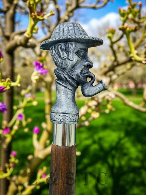 Vintage Sherlock Head Handle Wooden Walking Cane – Chrome & Brass Engraved