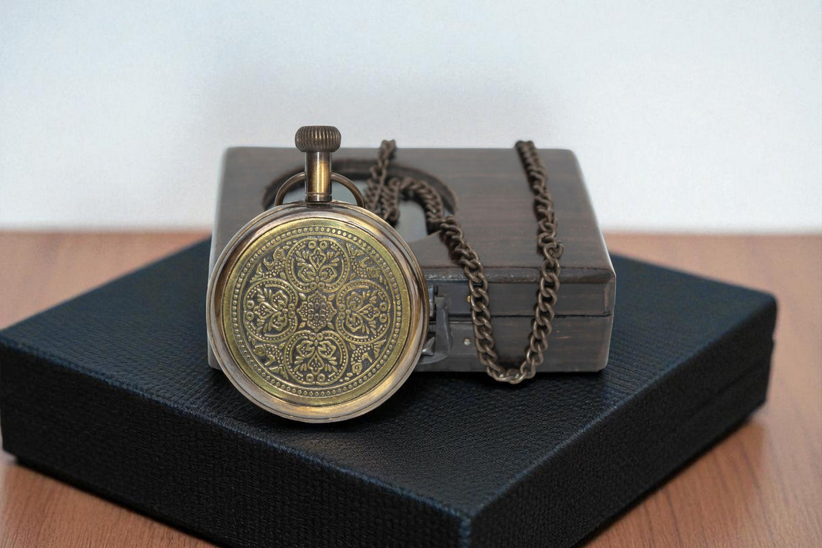 Classic Brass Pocket Watch with Black Wood Box – Retro Gifting Idea