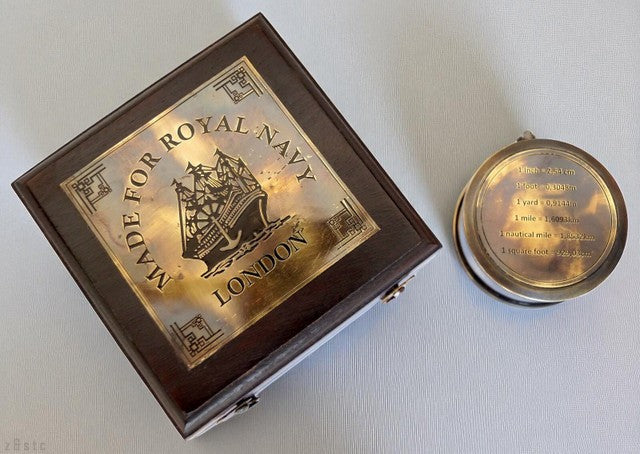 Antique Brass London Navy Measuring Tape – Vintage Desktop with Rosewood Box
