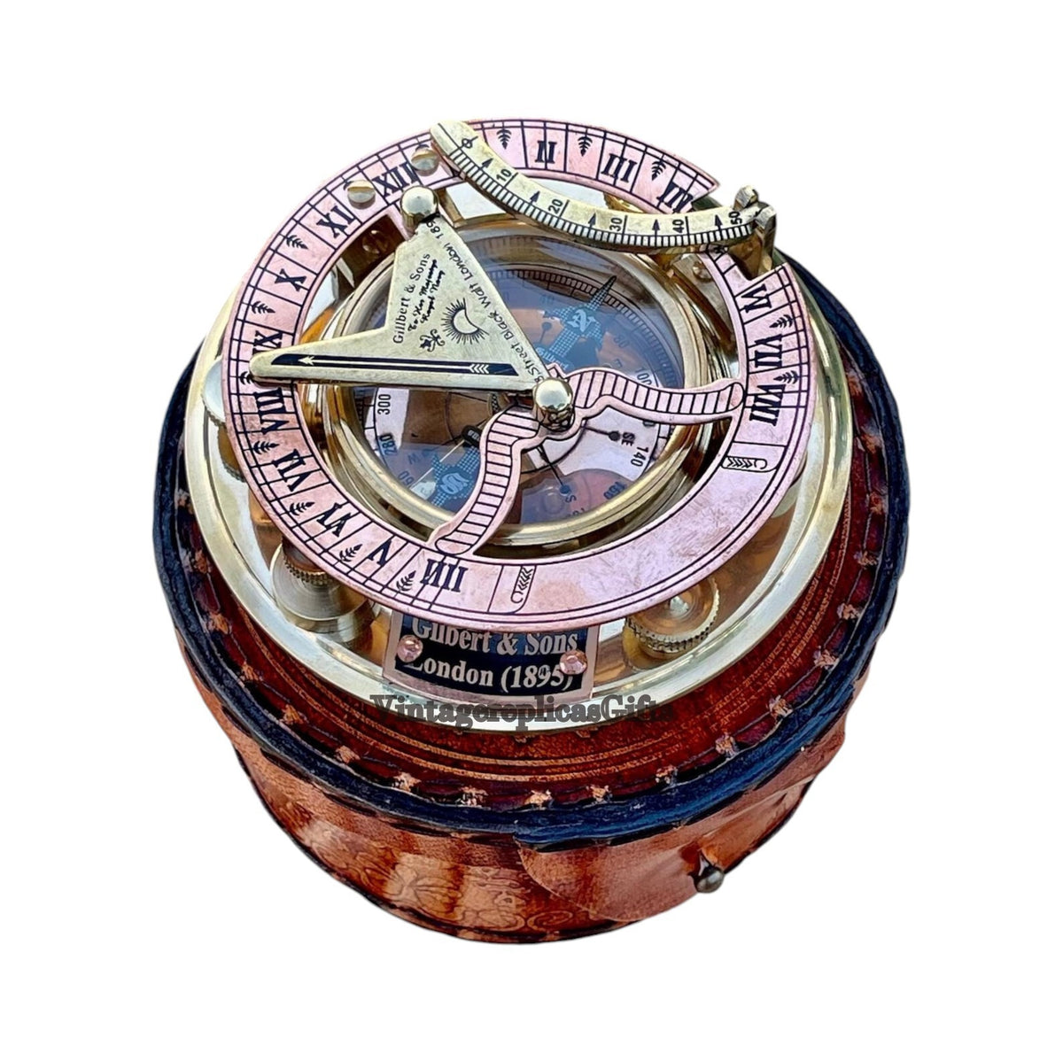 Vintage Brass Sundial Compass 4" with Leather Box - Nautical Collectible Gift