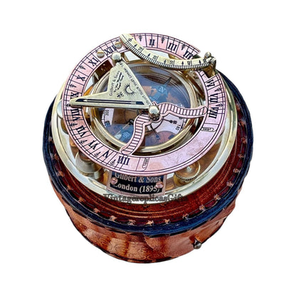 Vintage Brass Sundial Compass 4" with Leather Box - Nautical Collectible Gift