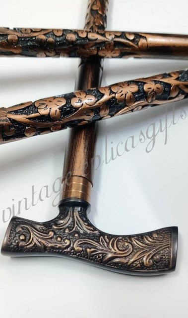 Hand Carved Wooden Cane with Brass Handle 36” Foldable Walking Stick