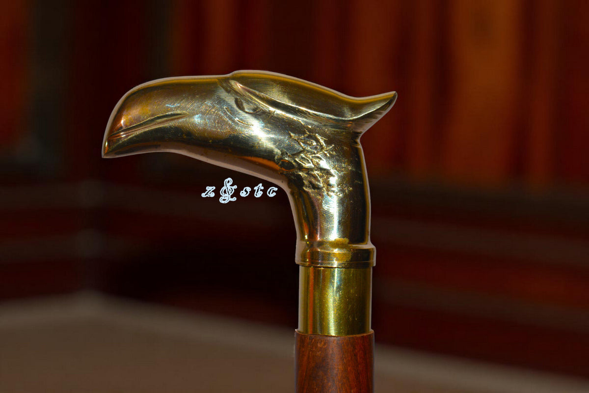 Vintage Wooden Walking Stick with Brass Eagle Handle – 36" Cane for Men