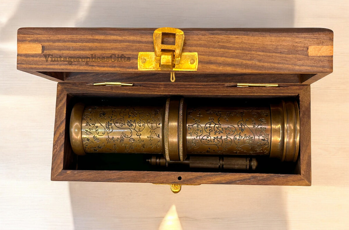 Vintage Brass Kaleidoscope w/ Wooden Box Engraved Custom Wedding Gift, Kids Toy