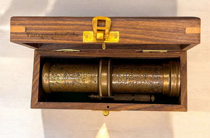 Vintage Brass Kaleidoscope w/ Wooden Box Engraved Custom Wedding Gift, Kids Toy