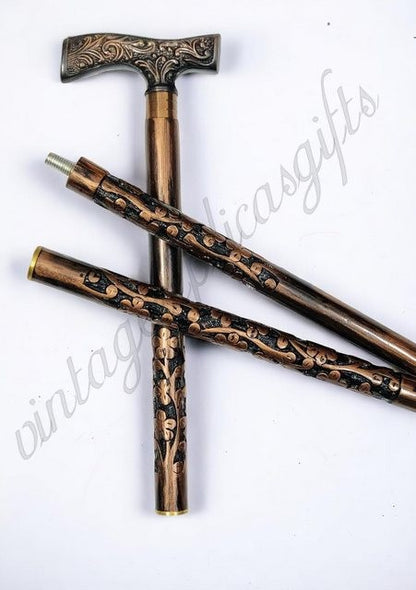 Hand Carved Wooden Cane with Brass Handle 36” Foldable Walking Stick