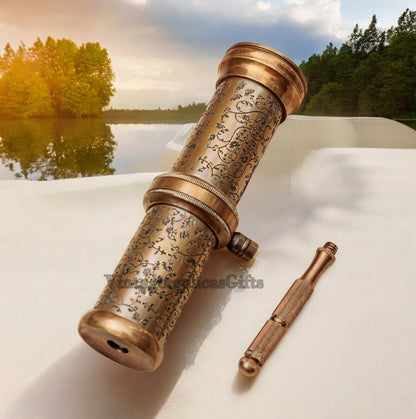 Vintage Brass Kaleidoscope w/ Wooden Box Engraved Custom Wedding Gift, Kids Toy