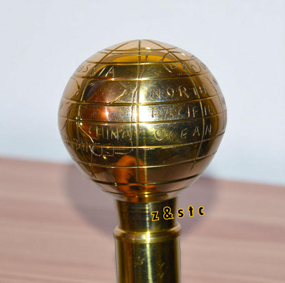 Vintage Brass Globe Head Walking Stick – Antique Style Wooden Cane