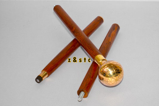 Vintage Brass Globe Head Walking Stick – Antique Style Wooden Cane