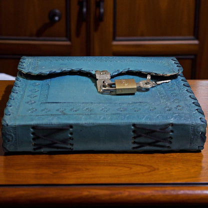 Antique Handmade Leather Journal Lockable Ocean Blue Diary lot of 6