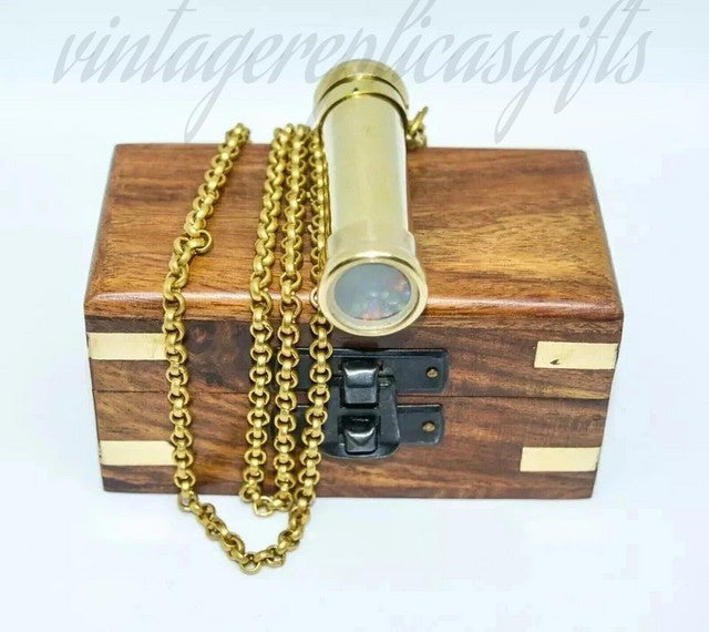 Antique Brass Kaleidoscope Vintage Nautical Maritime Pocket Toy Gift Wooden Box