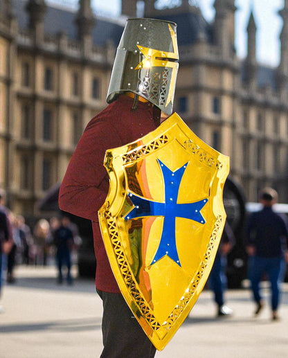 Templar Knight Costume Set – Brass Finish Shield & Helmet with Cross