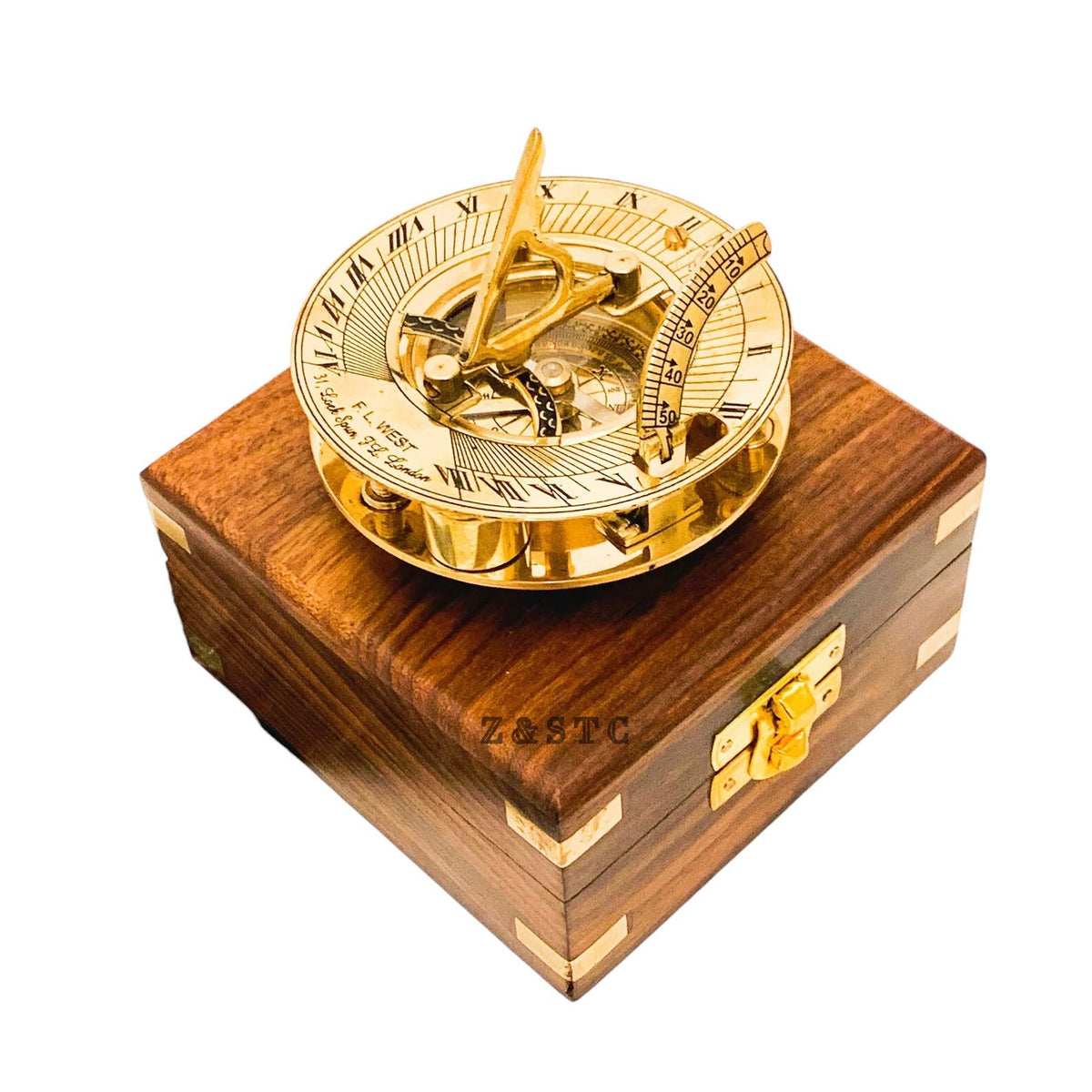 Vintage Brass Round Sundial compass 3" with Wooden box directional gift