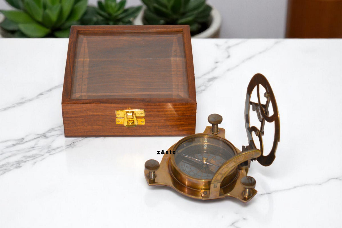 Decorative Brass Compass with Transparent Wooden Case – Explorer’s Gift