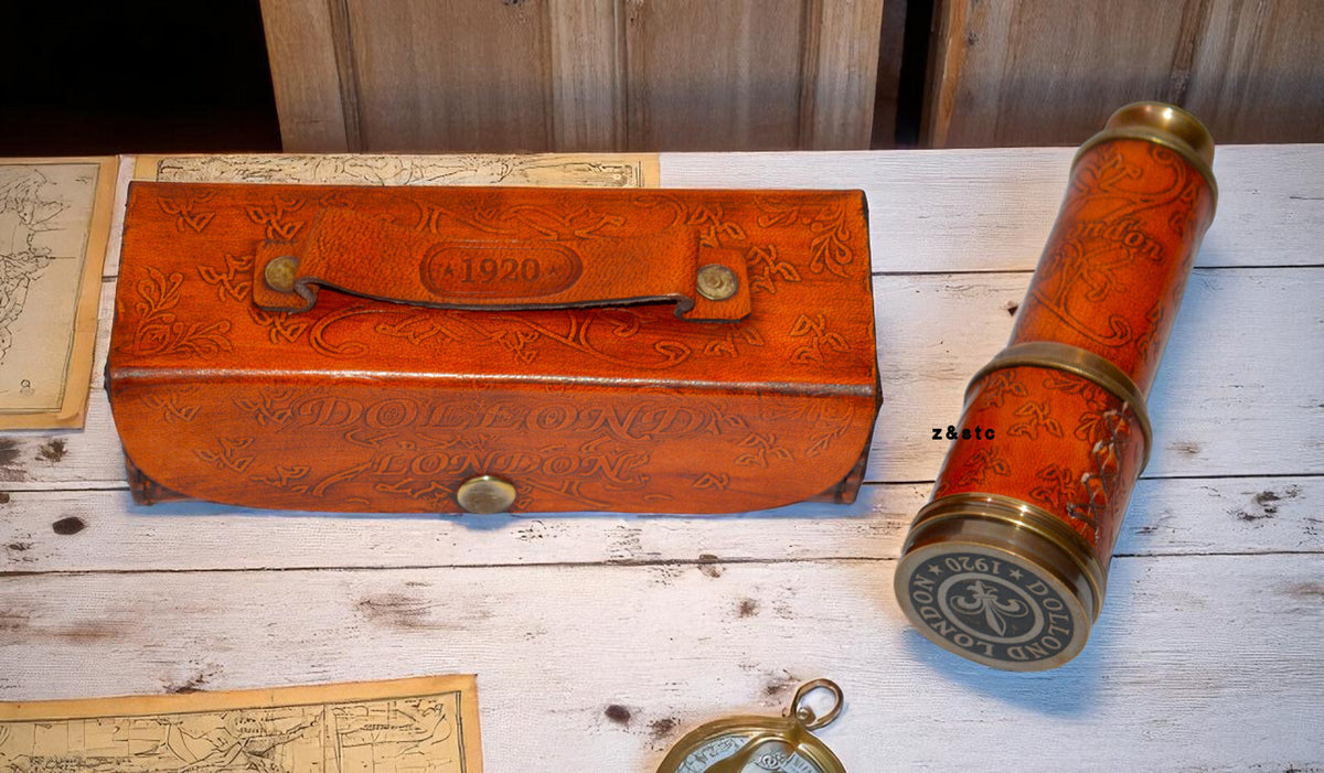 Vintage Brass Leather-Wrapped Telescope with Leather Box Nautical Spyglass Gift