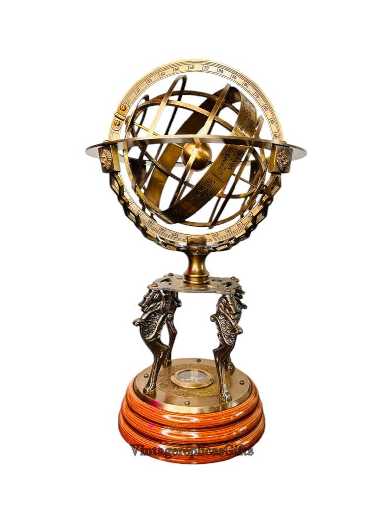 Vintage Brass 18'' Armillary Sphere Globe with Wooden Base Antique Style Gift