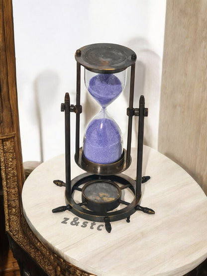 Brass 5-Minute Hourglass Timer with Compass Base – Nautical Sand Clock Decor