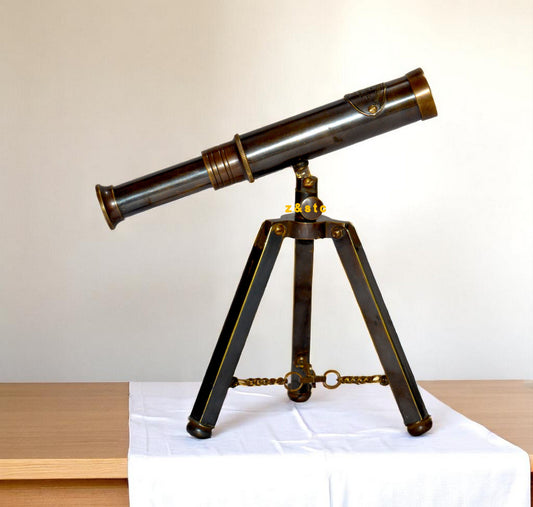 Antique vintage Brass Telescope with Wooden Tripod Nautical Maritime Decor