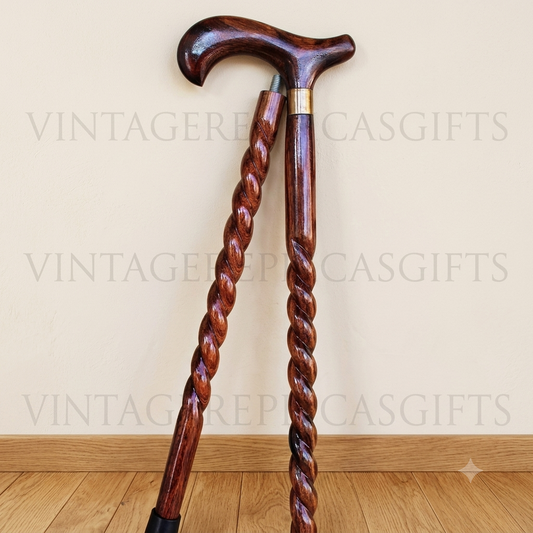 Wooden Walking Cane Derby Handle 2 Fold Handmade Travel Walking Stick 38"