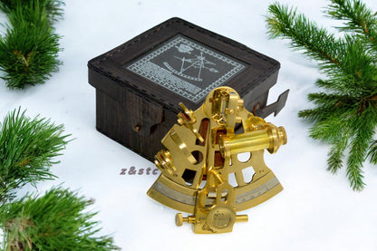 Antique Style 4” Brass Nautical German Sextant with Leather Box  Vintage Replic